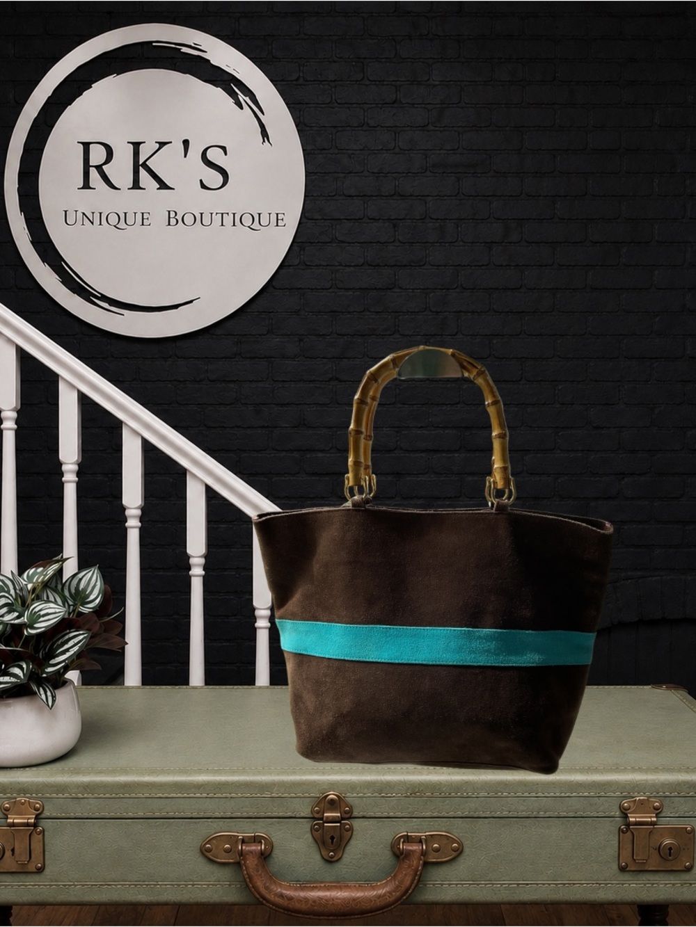 Brown Suede Tote with Teal Accent and Bamboo Handles